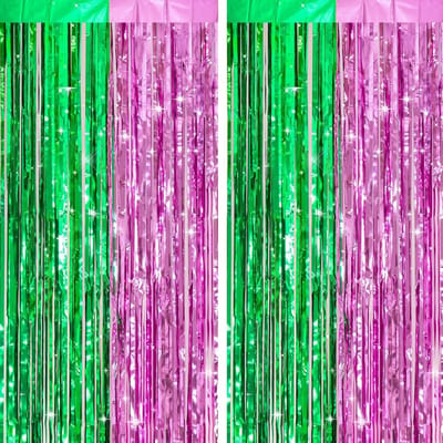 Roze en Groene Metallic Tinsel Gordijnen: 2 Stuks Foil Fringe Gordijnen voor Feestdecoratie en Themafeesten, 1m x 2m