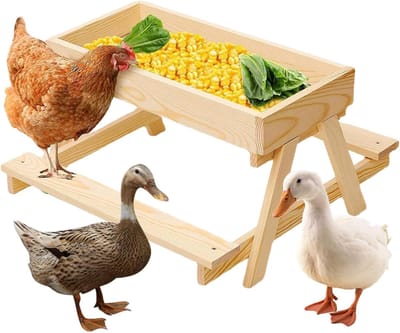 Kippen Voederbak - Pluimvee Tafel - Natuurlijk Voeren - Pedaal Geactiveerd - 375 cm Breed - Houtkleur