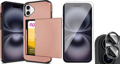 Hoesje met Pasjeshouder geschikt voor iPhone 16 - Screenprotector GlassGuard & Camera Lens Screen Protector - Back Cover SlideCase Roségoud