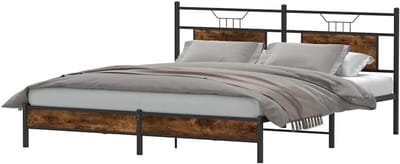 Bedframe met hoofdeinde - Tweepersoonsbed Frame - Slaapkamer Inrichten - Stabiel stalen frame - 183 x 203 cm - Gerookt eiken