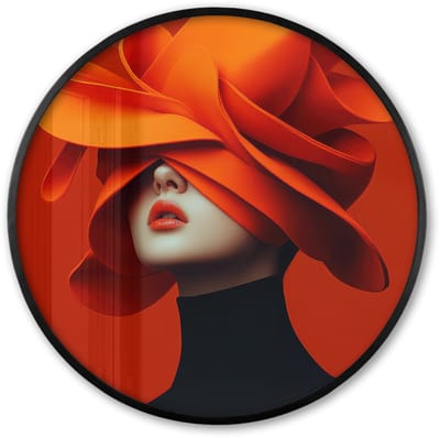 Poster in lijst Rond - Fotolijst 60x60 cm - Posters - Oranje - Hoed - Vrouw - Ronde posterlijst zwart - Decoratie - Wanddecoratie woonkamer - Muurdecoratie slaapkamer