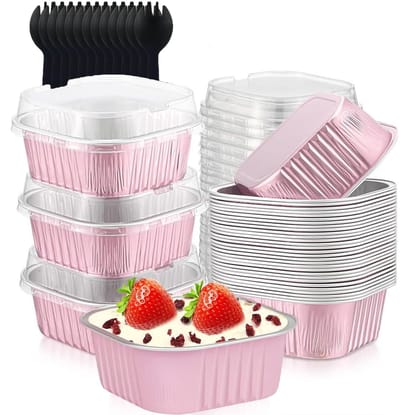 Dailygoods - Bakvormpjes van aluminiumfolie, 50 stuks, 150 ml, vierkante mini-bakvormpjes, mini-taartvormpjes met deksel, cupcakevormen, aluminiumfolie met 50 lepels, voor cupcakes, muffins (roze)