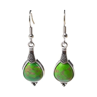 Aramat Jewels | Oorhangers | Boho Druppel Oorhangers – Groen Gemarmerde Steen – 52x15mm | | | |15mm | Staal | Volwassenen | Verkleurd niet