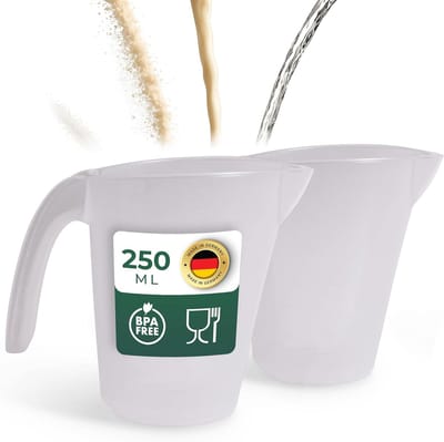 Novaliv 2x maatbekers 250ml, maatbekerset transparant met duidelijke g/ml schaalverdeling voor vloeistoffen bloem & suiker, Made in Germany, vaatwasserbestendig, mengkom doseerbeker maatbeker