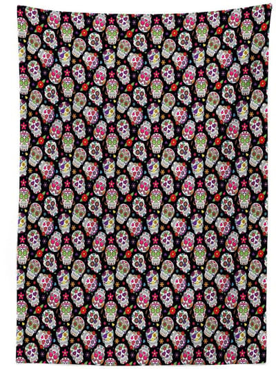 ABAKUHAUS – Tafelkleed Bloemen suikerschedel, 140x200 cm, rood-zwart