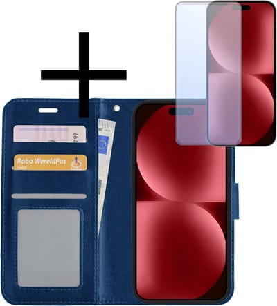 Hoesje - Met Screenprotector - Geschikt voor Apple iPhone 15 - Luxe Pasjeshouder - Bookcase Portemonee - Flip Case - Kunstleer Book Case - Flipcase - Book Cover - Walletcase - Portemonneehoes - Donkerblauw