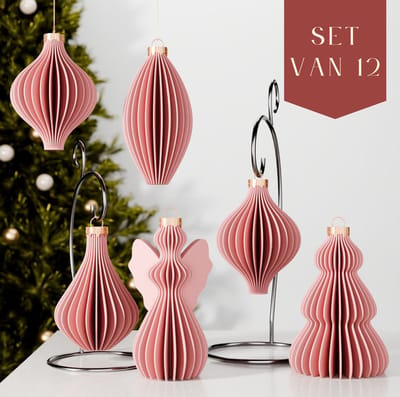 Fleuriek – Luxe kerstballen set van 12 – Roze kerstversiering – Onbreekbare plastic kerstornamenten met matte afwerking – Feestelijke kerstdecoratie voor de kerstboom