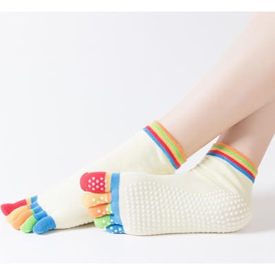 1 paire de chaussettes de yoga colorées antidérapantes en silicone pour femme, chaussettes de sport, de gymnastique, de pilates, de ballet, de fitness, en coton, avec 5 protège-doigts, à séchage rapide jaune-clair