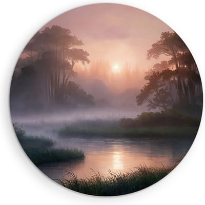 Saammp Muurcirkel Hout - Natuur - Mistig Landschap - Ø 90 - Wandcirkel - Wanddecoratie Cirkel - Muurdecoratie Woonkamer - Slaapkamer decoratie - Rond Schilderij