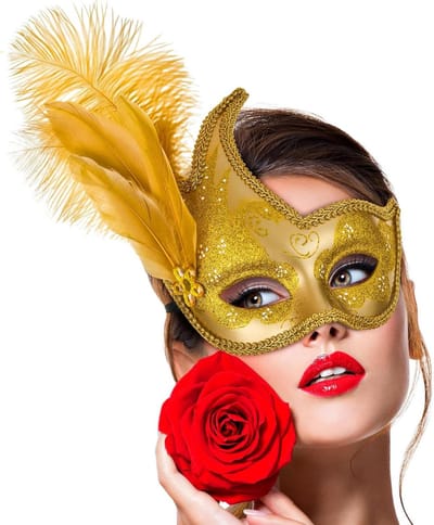 Venetiaans masker - Oogmasker kostuum - Feestelijke outfit - Goudkleurig met veer - 23 cm breed - Goud