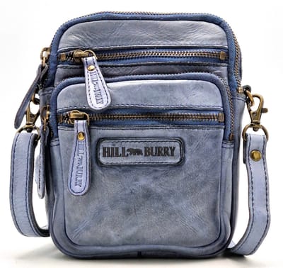 Hillburry Leren Schoudertas met Ritsvakjes blauwgrijs - KLEIN FORMAAT - Kangaroo Blue - (bxhxd) ca. 14cm x 19cm x 3cm