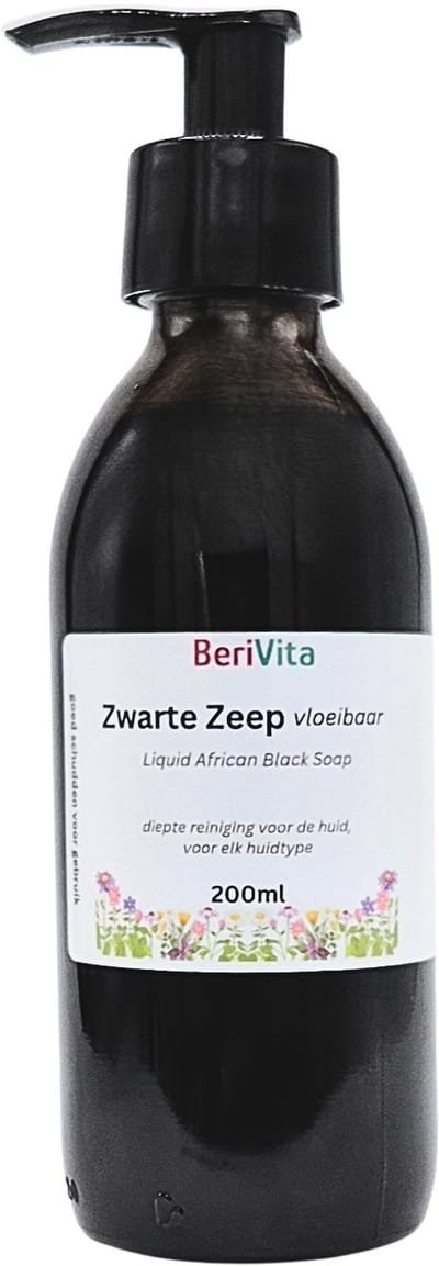 Afrikaanse Zwarte Zeep 200ml Pompfles Glas - Natuurlijke Vloeibare Handzeep - Huid, Haren - African Black Soap