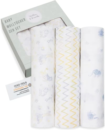 Musseline-katoenen hydrofieldoeken voor baby's – Set van 3 – Zacht en veelzijdig – Wit/Blauw (Olifanten)