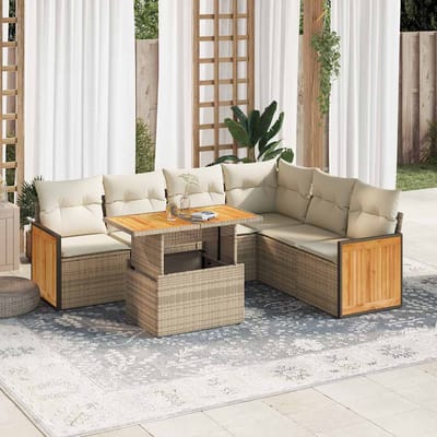 vidaXL - 7-delige - Loungeset - met - kussens - poly - rattan - acacia - beige