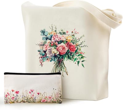 Jute Tas met Bloemenmotief - Grote Draagtas voor Vrouwen - Lange Handvaten - Ruime Boodschappentas - Kosmetische Tas - Tote Bag - Milieuvriendelijk - Handwas - Voor Thanksgiving, Halloween, Kerstmis - 40 x 35 cm