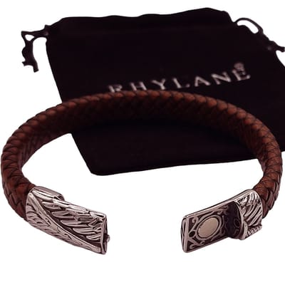 Gevlochten Heren Armband – 100% Echt Leder & Edelstaal – Magneetsluiting Sabel – 18,5  cm – Bruin  - Rhylane®