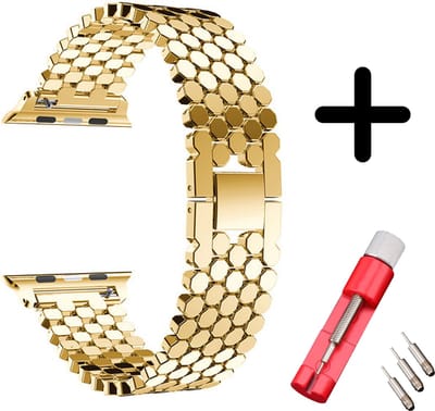 Strap-it Stalen band hexagons - Geschikt voor Apple Watch bandje - Series 1/2/3/4/5/6/7/8/9/10/11/SE/SE2/SE3 - Goud - Unieke RVS band met hexagon schakels - Voor maat: 38 / 40 / 41 / 42mm - Met inkorter toolkit