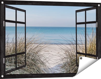 Gards Tuinposter Doorkijk Strand en Zee vanuit de Duinen - 90x60 cm - Tuindoek - Tuindecoratie - Wanddecoratie buiten - Tuinschilderij