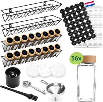 XIVADA Kruidenrek Ophangbaar met 36 Kruidenpotjes Bamboe - Kruiden stickers strooiers