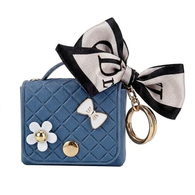 Blauw hoesje voor oordopjes dames met strik en decoratieve details geschikt voor AirPods Pro 2 kunstleer hardcase met ring en lint