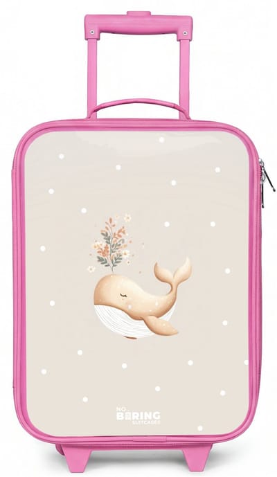 NoBoringSuitcases.com® - Kinderkoffer roze - Kindertrolley meisje - Beige walvis in bloemenzee - Koffer kind lichtgewicht - Reiskoffer trolley voor kinderen - Koffertje met lichtgevende wieltjes - Rolkoffer