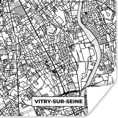 Poster Kaart - Plattegrond - Vitry-sur-Seine - Frankrijk - Stadskaart - Zwart wit - 100x100 cm XXL