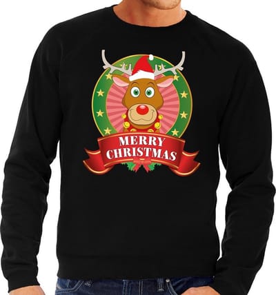 Bellatio Decorations Foute kersttrui - sweater - zwart - Rendier Rudolf - Merry Christmas - voor heren S
