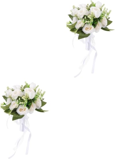 Kunstboeket Bruiloft - Bruidsboeket - Bruiloft Decoratie - Levensechte Bloemen - 26x22x10 cm - Wit