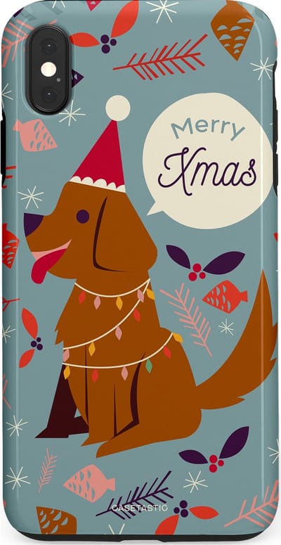 Casetastic hoesje geschikt voor Apple iPhone XS Max - Dubbellaagse bescherming - Merry Christmas Hond - Fashion Case - Zilver Bruin Saliegroen Rood