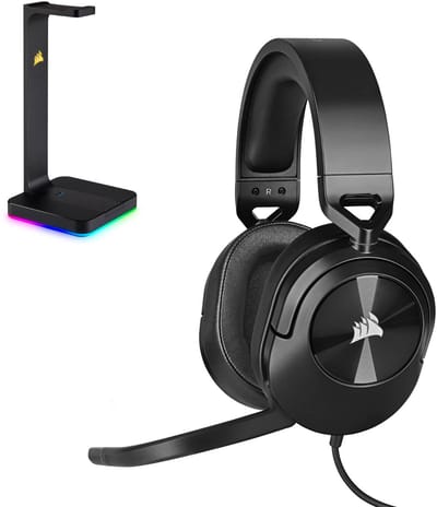 Corsair HS55 Stereo Gaming Headset + ST100 RGB Premium Headset Stand - Carbon - PS5/PS4, Xbox Series X|S, PC, & Nintendo Switch