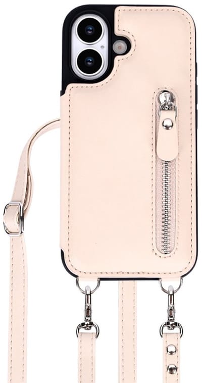 CaseBoutique Backcase hoesje geschikt voor iPhone 17 - Effen Beige - Kunstleer - Crossbody Hoesje Koord - Pasjeshouder voor 3 passen - Ritsvakje