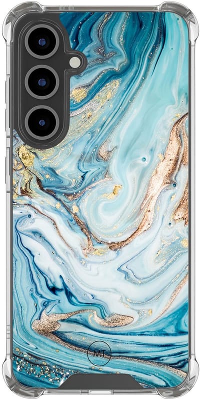 Hoesje (shockproof) geschikt voor Samsung Galaxy S24 FE - Marmer blauw goud - Extra sterke case - TPU/polycarbonaat - Marmer - Blauw, Transparant