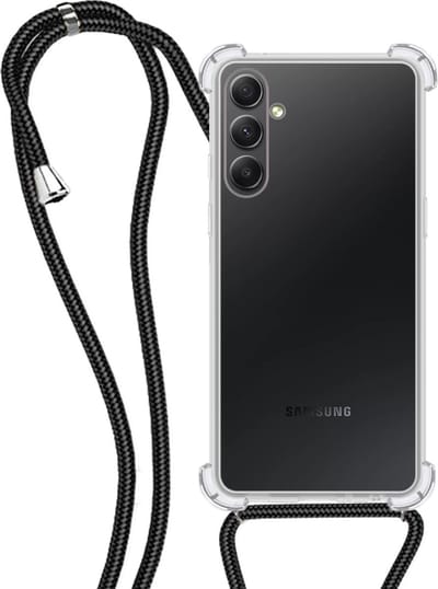 Hoesje - Geschikt voor Samsung Galaxy A34 - Met Koord - Shock Proof - Siliconen Case - Back Cover - Telefoonkoord - Telefoon Hoes Shockproof - Telefoonketting - Transparant