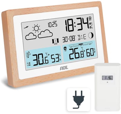 Weerstation Draasloos Binnen/Buiten - Digitale Weerstation - Houten Behuizing - Duidelijke LCD Display - Multifunctionele Alarmklok - Voor Binnen en Buiten