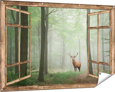 Gards Tuinposter Doorkijk Hert in Bos - 150x100 cm - Tuindoek - Tuindecoratie - Wanddecoratie buiten - Tuinschilderij