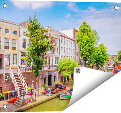 Gards Tuinposter Huisjes aan de Oudegracht in Utrecht - 50x40 cm - Tuindoek - Tuindecoratie - Wanddecoratie buiten - Tuinschilderij