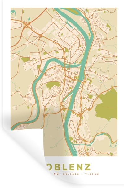 Muurstickers - Sticker Folie - Koblenz - Plattegrond - Kaart - Stadskaart - Vintage - 20x30 cm - Plakfolie - Muurstickers Kinderkamer - Zelfklevend Behang - Zelfklevend behangpapier - Stickerfolie