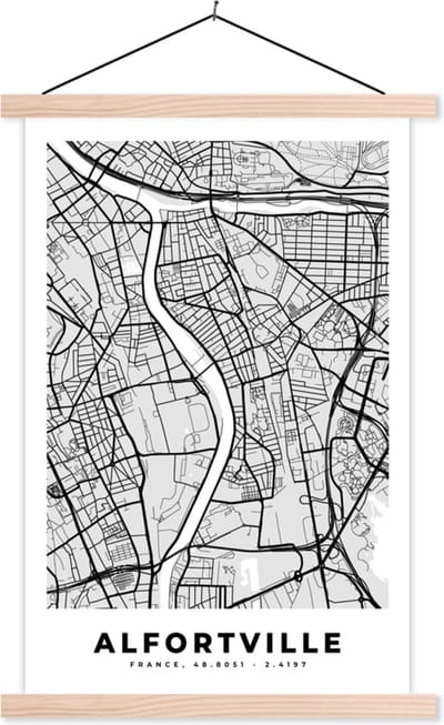 Posterhanger incl. Poster 40x60 cm - Schoolplaat - Plattegrond - Alfortville - Stadskaart - Kaart - Frankrijk - Textielposter - Blanke latten - Stadskaart