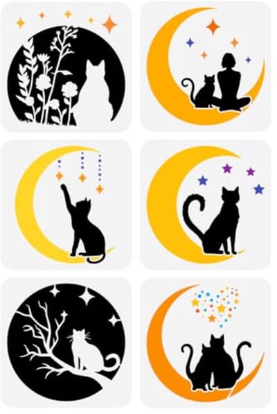 Dailygoody - Maan Kat Schilderij Sjabloon - Herbruikbare Silhouet Stencil - 20x20 cm - Creatief Schilderen - Decoratie Sjablonen - Geschikt voor Houte