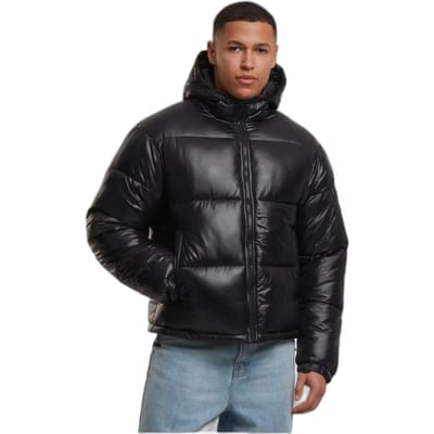 Urban Classics glanzende pufferjas met capuchon winterjassen/jassen zwart L