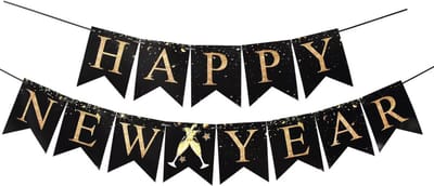 SilverAndCoco® - Happy New Year 2027 Vlaggenlijn | Oud en Nieuw Vlaggetjes Versiering Champagne | Nieuw Jaar Nieuwjaars decoratie Slinger Feestpakket | Goud / Zwart