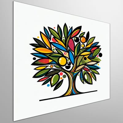 Pop art olijfboom schilderij | Olijfboom explodeert in een levendige pop art explosiecontentOffset=200 | Kunst - 80x80 centimeter op Dibond | Foto op Dibond