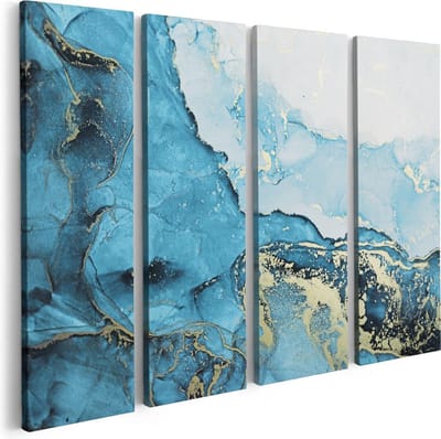 Artaza Canvas Schilderij Vierluik Abstracte Kunst van Blauwe Marmer met Goud - 80x60 - Foto Op Canvas - Canvas Print