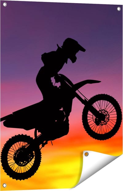 Gards Tuinposter Silhouet van een Motorcross in de Lucht - 60x80 cm - Tuindoek - Tuindecoratie - Wanddecoratie buiten - Tuinschilderij