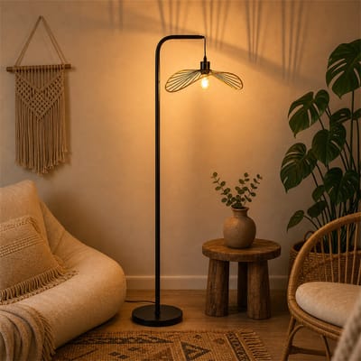 NETTLIFE Staande Lamp – E27 Fitting – Zonder Lamp – Voetschakelaar – Booglamp Metaal – Zwart – Vintage Woonkamer Slaapkamer
