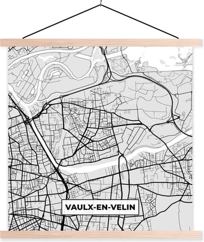 Posterhanger incl. Poster 40x40 cm - Schoolplaat - Stadskaart - Frankrijk - Kaart - Vaulx-en-Velin - Plattegrond - Textielposter - Blanke latten - Stadskaart