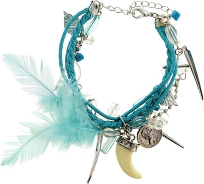 Behave - turquoise armband met veren en bedels - boho festivalstijl