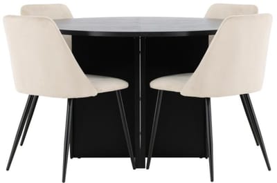 Strada eethoek uittrekbare tafel Ø120cm, 170cm en 4 stoelen zwart, beige.