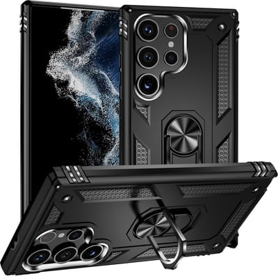 Casemania Hoesje Geschikt voor Samsung Galaxy S24 Ultra Zwart - Anti-Shock Hybrid Armor Back Cover - Hoes met Kickstand Ring