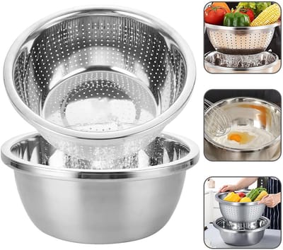 304 RVS Vergiet - Metalen Vergiet - Groot Vergiet met Mengkom - Geschikt voor Keuken Rijstwasser Vergiet - voor Het Wassen van Groenten, Fruit en Rijst, Vaatwasserbestendig